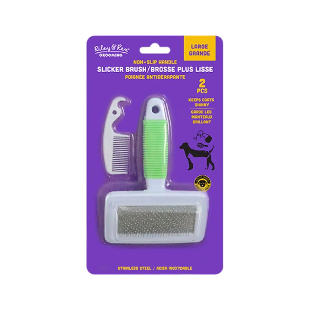 Riley & Rex Pet Combo Cepillo Verde con Mango Antideslizante y peine de plástico Large