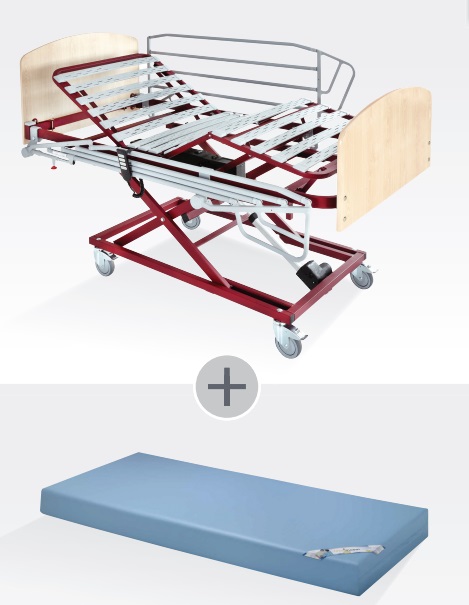 CAMA ARTICULADA CON CARRO ELEVADOR Y COLCHON DE NÚCLEO POLIURETANO MECANIZADO CON FUNDA SANITARIA